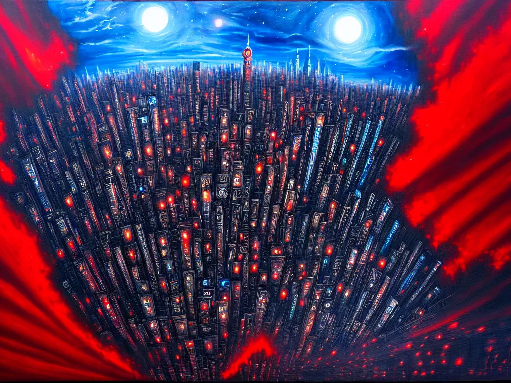 Image similar to an epic cityscape painting of a nightmarish hellscape full of cosmic horrors, wall street, horror, surreal, cyberpunk, dark, vivid, red, blue, oil on canvas, epic, dramatic, cinematic