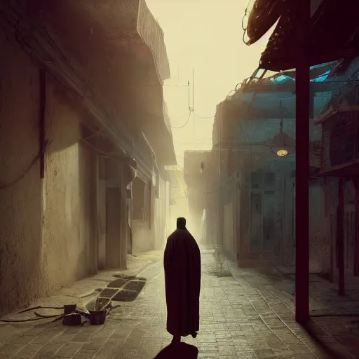 Image similar to old jeddah city alley, roshan, old shops, horse, magical glowing time portal, a man wearing a white robe standing watching over, dramatic lighting sci fi, by caspar david friedrich by beeple and james gilleard and justin gerard, centered, artstation, smooth, sharp focus, photoreal octane render, 3 d, by jean baptiste monge