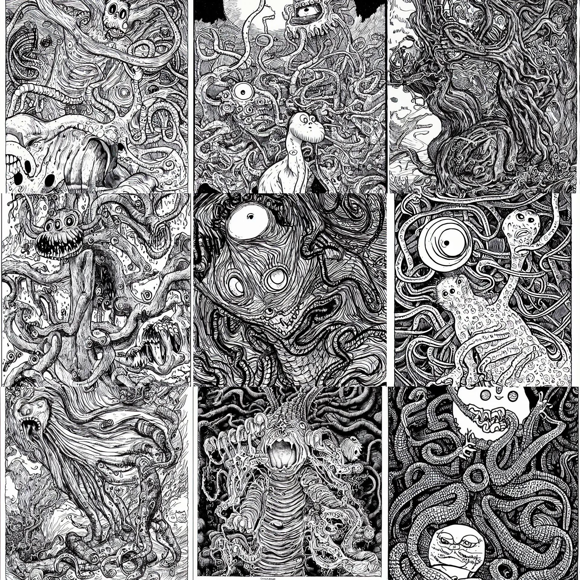 Image similar to Garfield as an eldritch abomination, illustrated by Junji Ito, Lovecraftian, line art