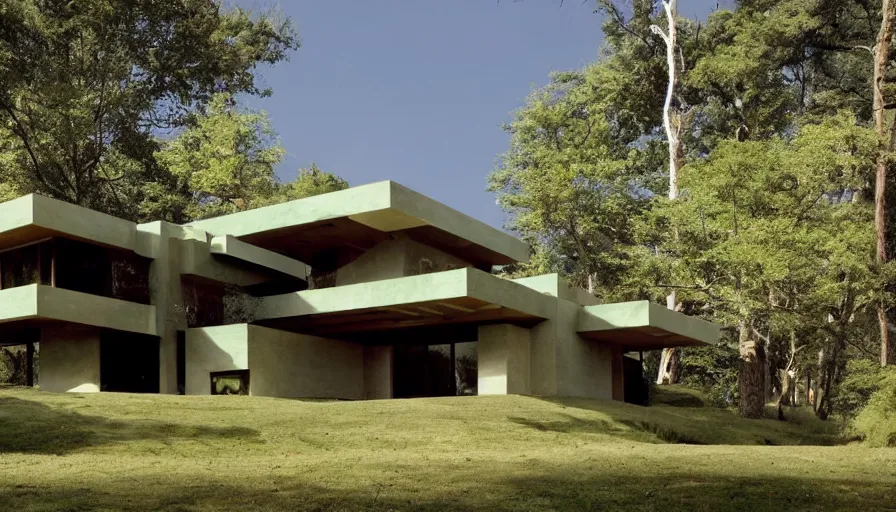 Image similar to modern villa, tibetan inspired architecture, on a green hill between trees, frank lloyd wright, photorealistic, cyberpunk