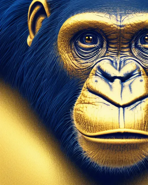 Prompt: gold, blue, very detailed high resolution illustration of a chimpanzee, 3 d, 8 k, extremely detailed, artstation