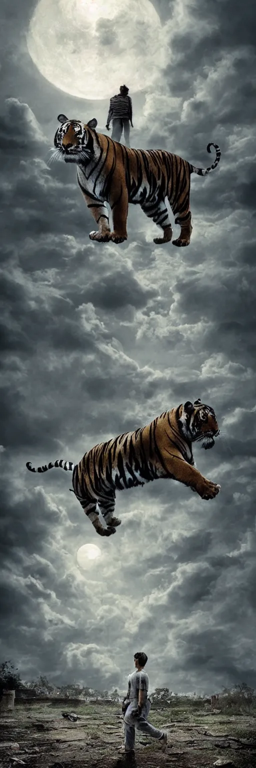 Image similar to a full side view Bengal Tiger walking parallel to 1950 3 storey plain block apparent, dramatic moonlight with some clouds, cinematic lighting, ultra detailed, highly detailed, sharp focus, scene et observed by 2 scaired blond European boys, photographic, art by artgerm and greg rutkowski and zdislav beksinski