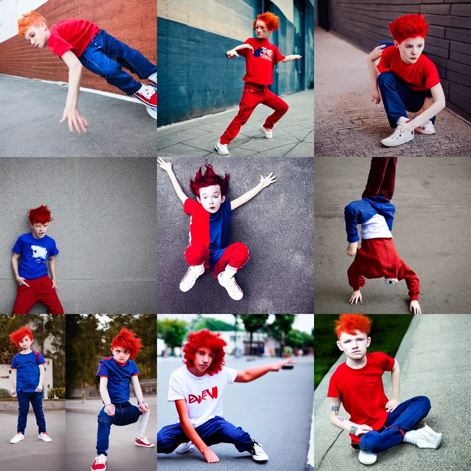 Prompt: Boy with red hair wearing red T-shirt, dark blue pants and white shoes. Boy is breakdancing