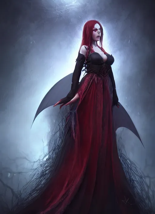 Image similar to beautiful full body portrait vampire queen highly detailed CGsociety subtle enchanting alluring blood magical concept art HDR hyper realistic volumetric lighting subsurface scattering unreal