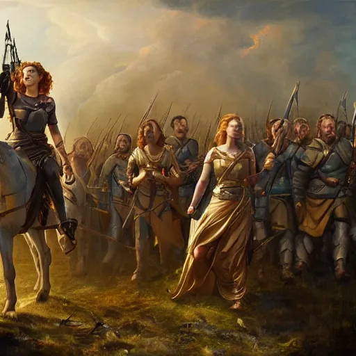 Image similar to the goddesses fraya going to war with her army, oil painting, golden hour, 8 k uhd, high detail, awe - inspiring.