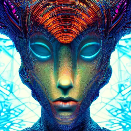 Image similar to Face of a Alien Deity, centered, corals, plume made of geometry, extremly detailed digital painting, sharp focus in the style of android jones, artwork of a futuristic artificial intelligence superstar with frames made of detailed circuits, mystical colors, rim light, beautiful lighting, 8k, stunning scene, raytracing, octane, under water visual distortion, dark tones colors, trending on artstation