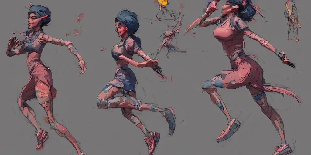 Image similar to cartoonish female character running, vivid colors, character sheet, fine details, concept design, contrast, kim jung gi, greg rutkowski, trending on artstation, 8 k, full body, turnaround, front view, back view, ultra wide angle