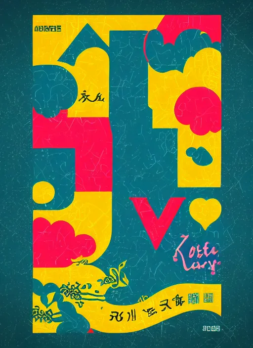 Prompt: poster design with bright and colourful vintage typographic japanese katakana, layout design, illustrator vector graphics