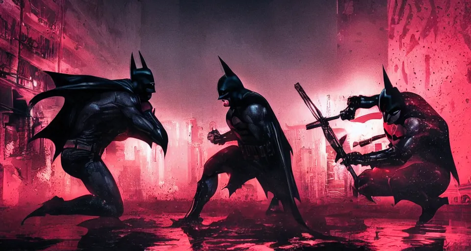 Image similar to Batman Battles the Batman Who Laughs In A Dimly Lit Misty Sewer, red fluid, bats, sunset, volumetric lighting, hyperrealistic, beautiful details, HDR, octane render, action shot, wide angle, bokeh, Yasushi Niarasawa Moebius Jim Steranko Style