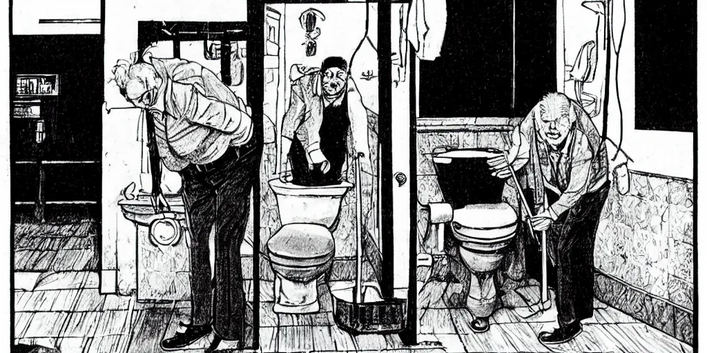 Image similar to An old man in his 80’s with a cane falls on the floor in a toilet, by Junji Ito