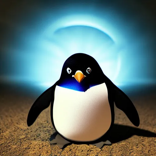 Prompt: portrait photo of linux penguin as a jedi, blue and yellow lighting, dark, cinematic, high quality, 4 k