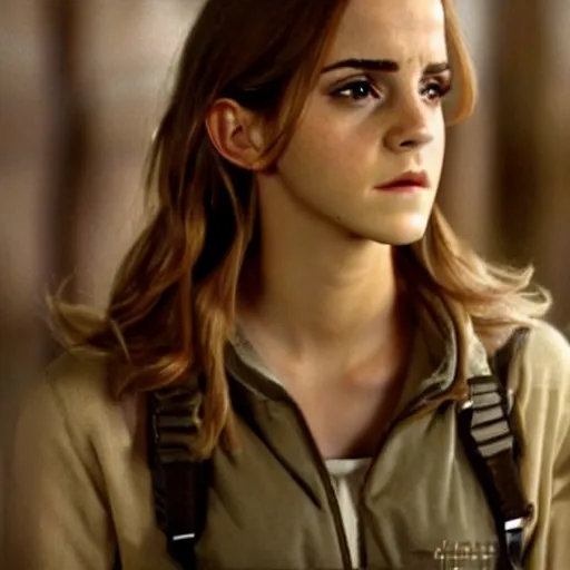 Prompt: beautiful still of Emma Watson in Stargate SG-1 in front of the star gate