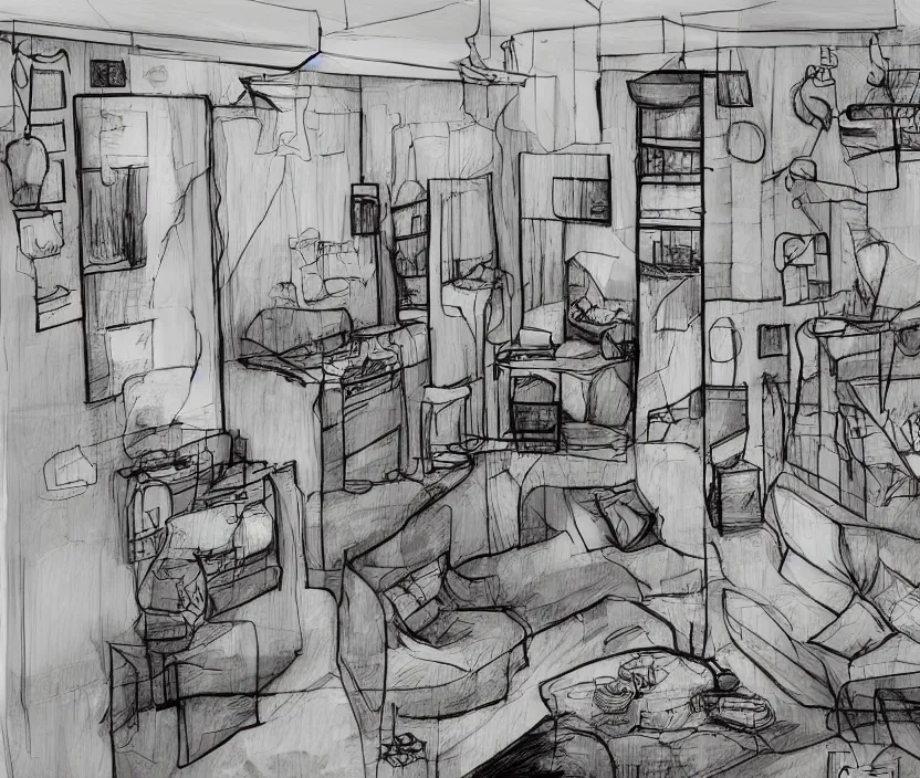 Prompt: An apartment interior at night, rotoscoped, rotoscope, photoshop, photomanipulation, realism, painting, illustration and sketch, weird scribbles, hybrid styles, hybrid art styles, mismatched, trending on artstation, trending on deviantart, weird, quirky, interesting, very detailed, highly detailed, HD Quality, 4k resolution, 8k resolution, in the style of David Firth, in the style of James Lee, in the style of Drue Langlois,