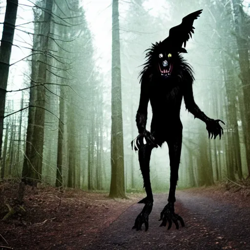 Image similar to werecreature consisting of a human and crow, photograph captured in a forest