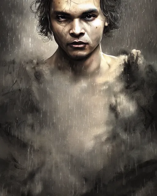 Prompt: Frank Dillane as a satyr, seductive, sexy, wispy tendrils of smoke, intricate, digital painting, old english, raining, sepia, particles floating, whimsical background by marc simonetti, artwork by liam wong