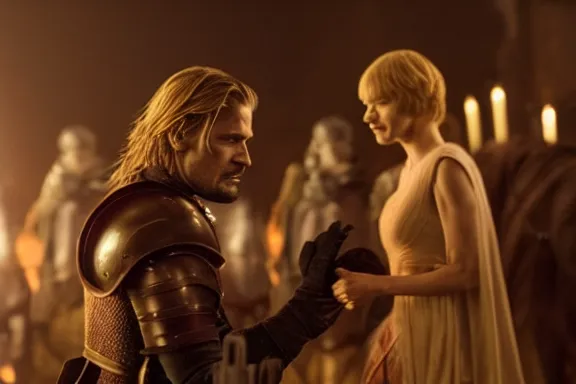 Image similar to very very intricate photorealistic photo of jaime lannister defeating cersei, photo is in focus with detailed atmospheric lighting, award - winning details