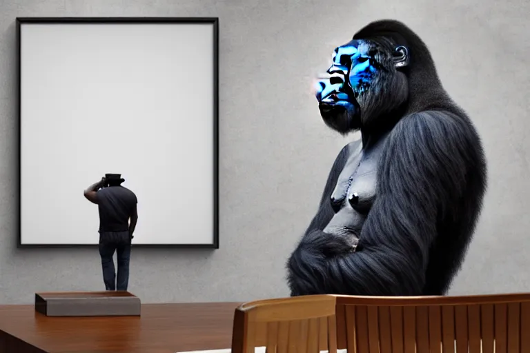 Prompt: Gorilla contemplating a framed portrait of a human wearing a sailor’s hat, hyperrealistic, concept art, 8k, artstation, cinematic, volumetric lighting