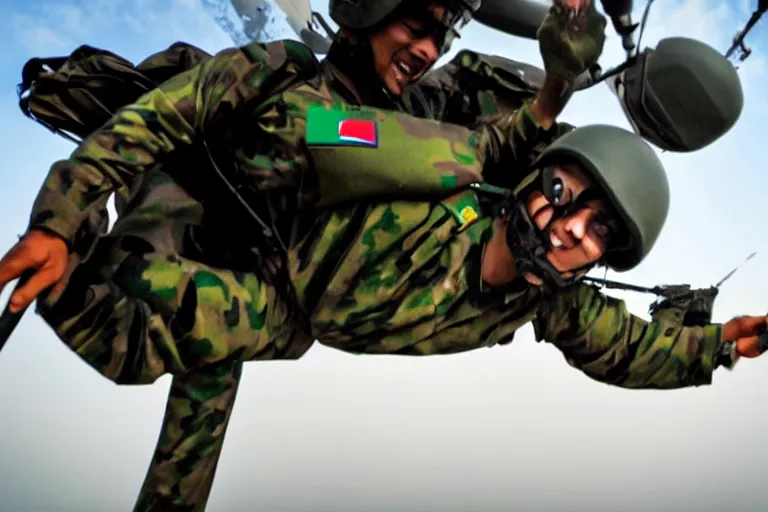 Prompt: closeup portrait of bangladesh army commander jumping from a helicopter, gopro cinematic shot, motion still, atmospheric