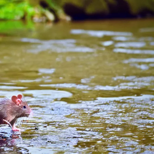 Image similar to 35mm photo of a rat fishing at a riverbank, water, well lit, bright and fun colors