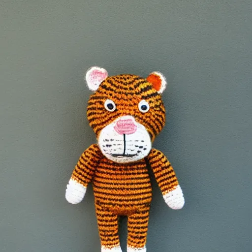 Prompt: crochet tiger wearing a jumper knitted jumper