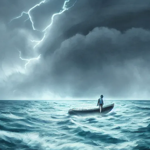 Image similar to a single man on a boat who is amazed by the beauty of a huge storm in the middle of the sea that is about to absorb him and end his life, illustration, digital art, d & d, trending on art station, masterpiece