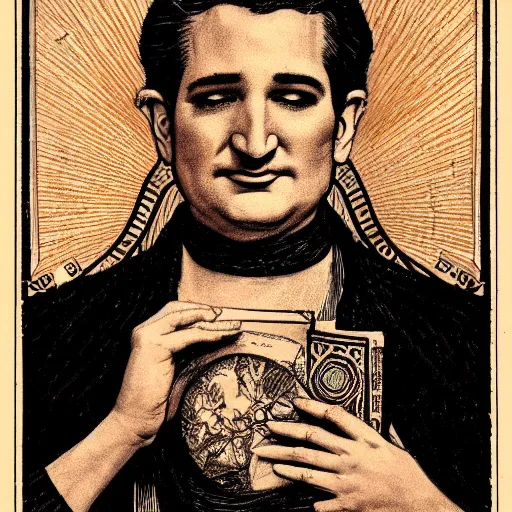 Image similar to ted cruz portrait by louis - theophile hingre, zodiac, tarot cards, planets, ethereal, art nouveau