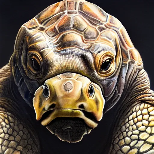 Image similar to amazingly beautiful portrait of a hyper realistic mitch mcconnell as a tortoise painted by greg rutkowski, artgerm, alphonse mucha, concept art, octane render, highly detailed, high quality, 8 k, soft lighting, path traced