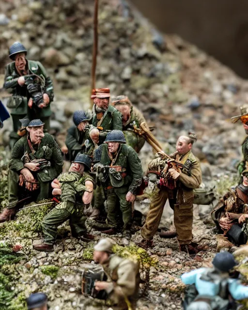 Image similar to high quality presentation photo of a detailed miniature diorama muppets in wwii, photography 4k, f1.8 anamorphic, bokeh, 4k, Canon, Nikon