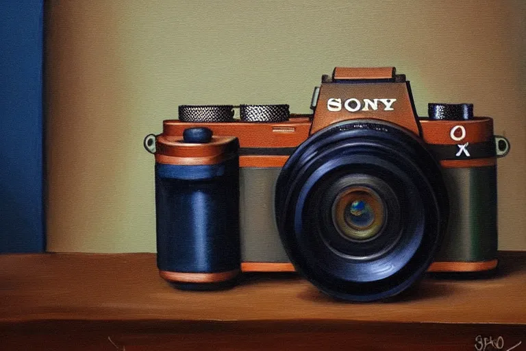 Image similar to beautiful painting of a sony alpha camera, painting by 5 0 s commercial painting, nice studio lighting, smooth tiny details, soft and clear shadows, low contrast, perfect