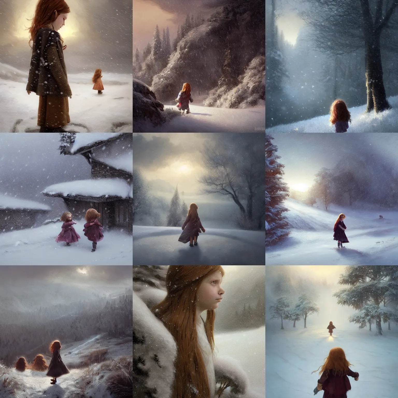 Prompt: 5 year old girl with long ginger hair. 2 year old girl with light brown hair. snowy hill. warm atmospheric lighting. matte painting by greg rutkowski.