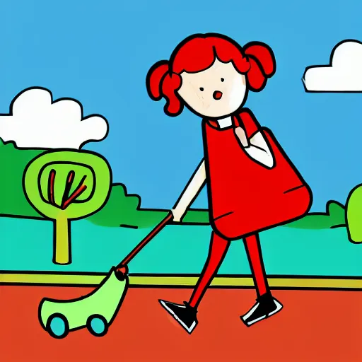 Image similar to girl carrying a large garbage bag while following clifford the big red dog, illustration,