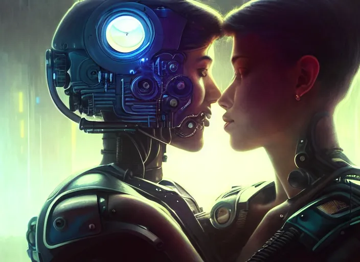 Image similar to ultra realistic medium shot of a couple of cyborgs kissing, lovers, cyberpunk, sci - fi, kodak, faces, colour led, soft light, volumetric lighting, fog, rays, night, station, intricate detailed, digital painting, concept art, smooth, sharp focus, illustration, art by artgerm and greg rutkowski and alphonse mucha