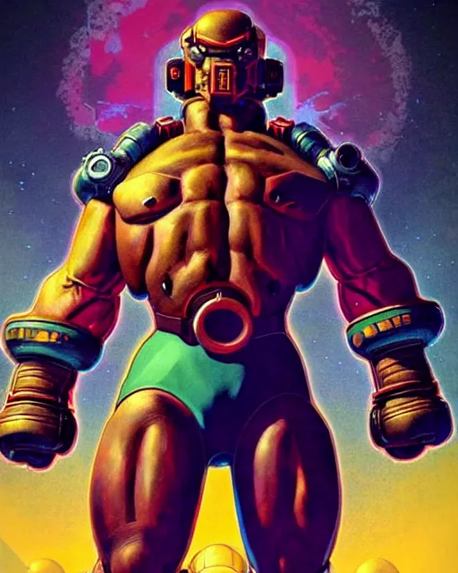 Image similar to doomfist from overwatch, character portrait, portrait, close up, concept art, intricate details, highly detailed, vintage sci - fi poster, retro future, vintage sci - fi art, in the style of chris foss, rodger dean, moebius, michael whelan, and gustave dore