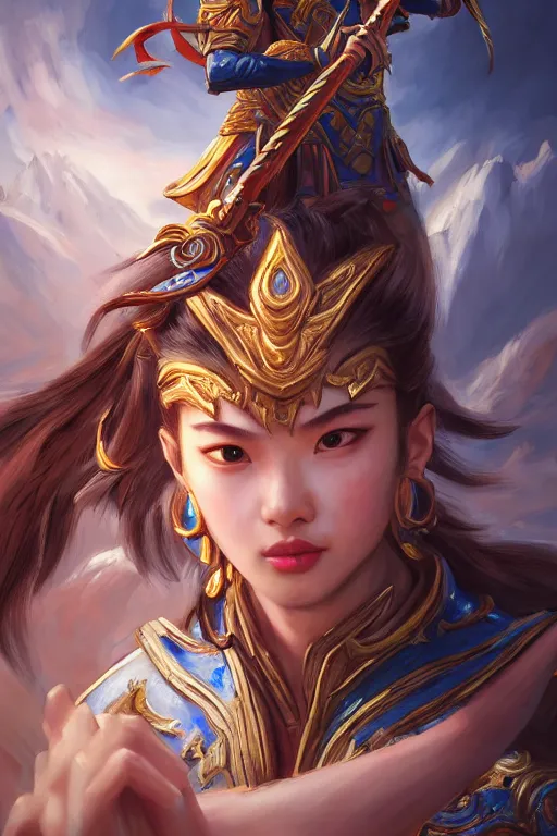 Prompt: a masterpiece portrait of nezha, legendary god holding spear, hero action pose, fantasy character portrait, closeup shot, hyper detailed, digital painting, 8 k realistic, trending on artstation, sharp focus, dof, by fenghua zhong, artgerm, ne zha from smite, tsuyoshi nagano,