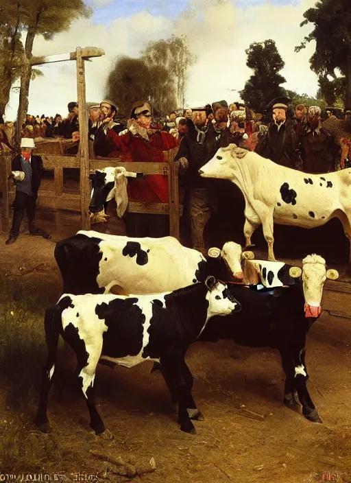 Image similar to artwork painting of acow being led into the slaughter house by eugene von guerard, ivan shishkin, john singer sargent