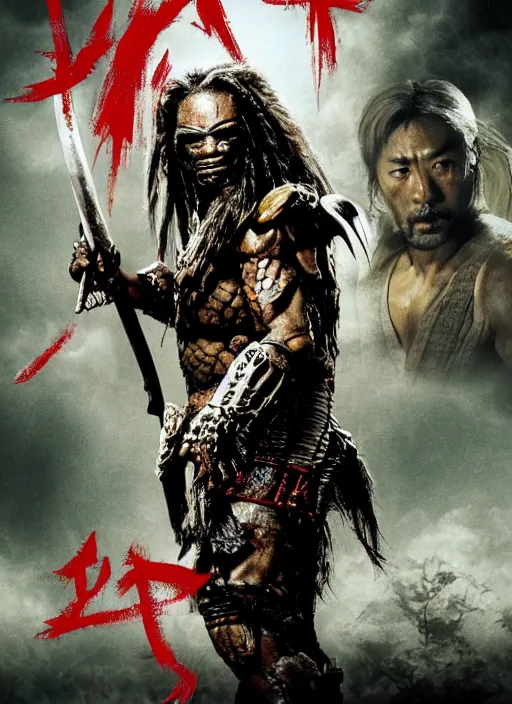 Image similar to movie poster for predator film shot in feudal japan staring hiroyuki sanada as a disgraced ronin who hunts down the predator after he fails to protect his master from it. in the style of al kallis, reynold brown, h. r. geiger.