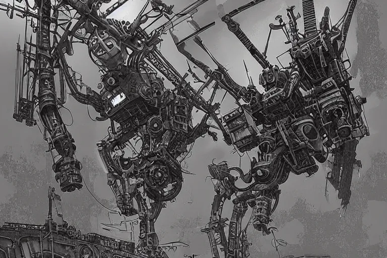 Image similar to dieselpunk mechs in shape of dragonfly that look like Dragonfly, inside an gigantic underground concrete doom hangar, interior structure, drains, storm drains, jungle, vines, algea, cables, panels, walls, ceiling, floor, doors, brutalist architecture, intricate ink drawing, highly detailed in the style of Ashley Wood, moebius and Tsutomu Nihei, photorealistic, cinematic, intricate detail, well lit,