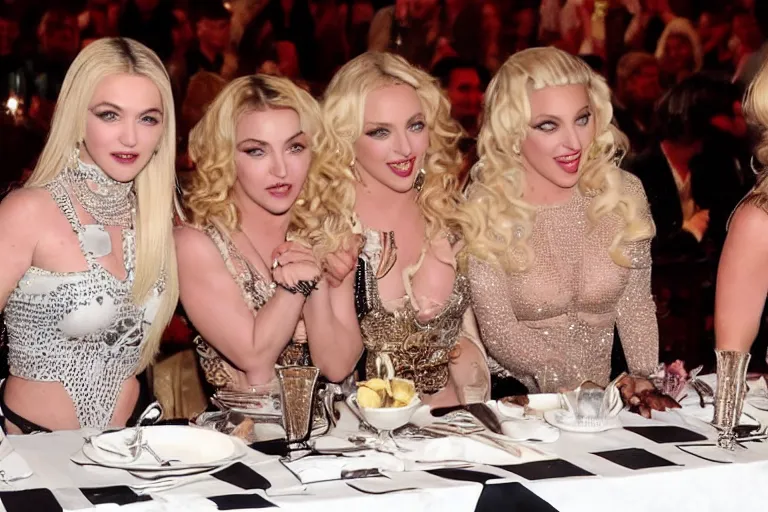 Prompt: Madonna, Britney Spears, Katy Perry, Gaga and Taylor Swift at the last supper