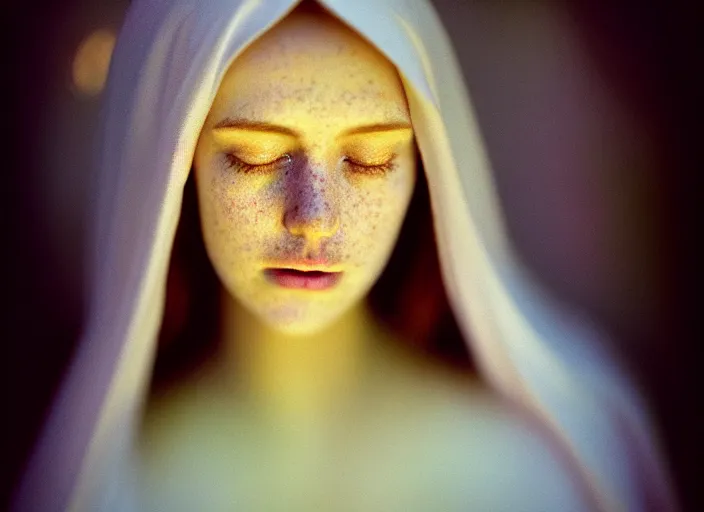 Image similar to kodak portra 4 0 0, 8 k, soft light, volumetric lighting, highly detailed, britt marling style 3 / 4, haunting portrait photo of the virgin mary, highly detailed face, inspired by ophelia paint, glowing halo, of light, realistic, refined, beautifully detailed, natural outdoor soft pastel lighting colors scheme, outdoor fine art photography, hyper realistic, photo realistic