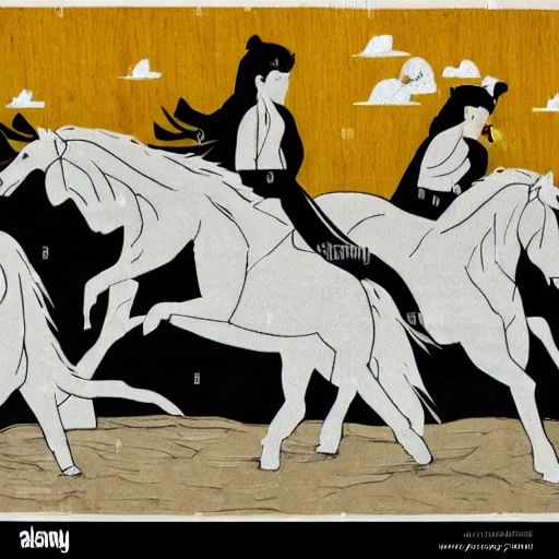 Prompt: group of white horses wearing black karate gis practicing karate inside a dojo, fantasy, woodblock art