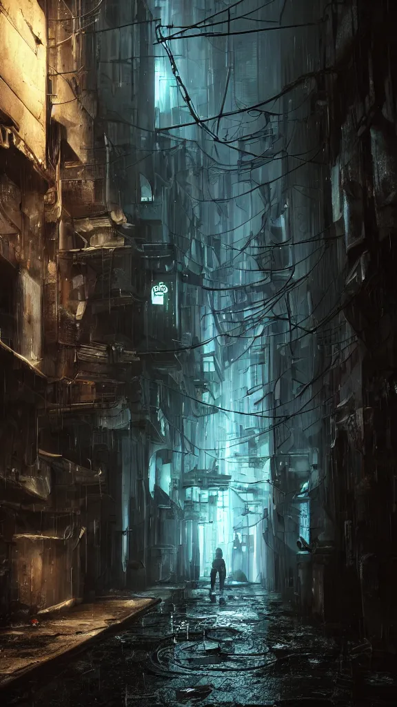 Prompt: an eerie scene of an empty alleyway in a futuristic alien city at night, light rain, small puddles, high quality ray-traced reflections, volumetric lighting, unreal engine 5, liminal space, haunting chilling atmosphere, photorealistic, cyberpunk, hyperdetailed 3d matte painting, hyperrealism, hyperrealistic, cinematic masterpiece, horror style 8k ultrahd octane render