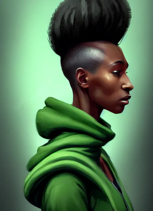 Image similar to photographic portrait of an handsome young black woman with a mohican haircut and green eyes in a back hoodie, flat lighting, elegant, highly detailed, digital painting, artstation, concept art, sharp focus, star wars, illustration, art by bayard wu, by wlop, by ross tran