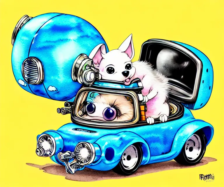 Image similar to cute and funny, puppy wearing a helmet riding in a tiny hot rod with an oversized engine, ratfink style by ed roth, centered award winning watercolor pen illustration, isometric illustration by chihiro iwasaki, edited by range murata, tiny details by artgerm and watercolor girl, symmetrically isometrically centered, sharply focused