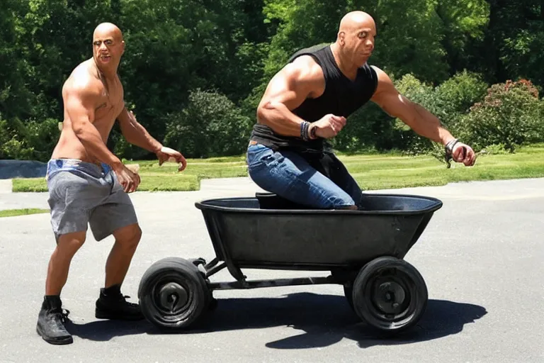 Image similar to Vin Diesel driving a wheelbarrow