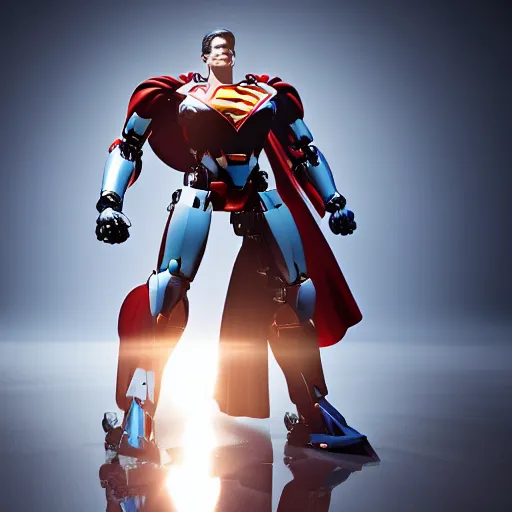 Image similar to still photo of mecha - superman, highly detailed, photorealistic portrait, bright studio setting, studio lighting, crisp quality and light reflections, unreal engine 5 quality render