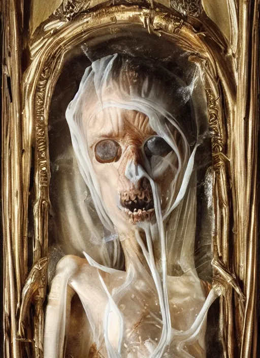 Prompt: la pieta ultrarealistic ultradetailed medium shot painting of slimy catholic veiled transparent maiden with, skeleton still life, nerves, internal organs, greg rutkowski, peter gric, immerse, 1 9 th, special effects makeup, maximalist, glittering, gold, ivory, hyperreal, alphonse mucha, bride of frankenstein, 5 0 mm