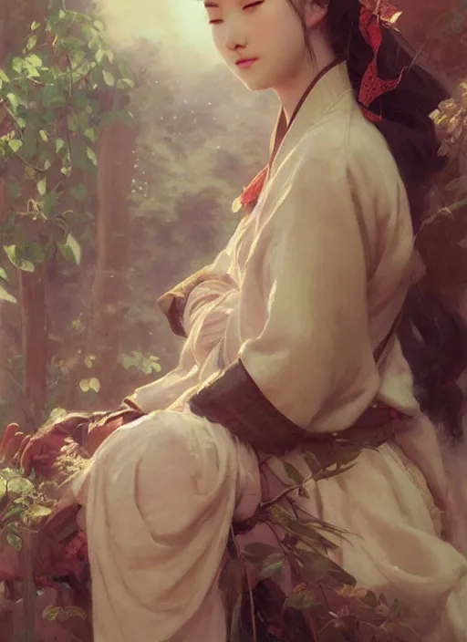 Prompt: detailed portrait of serene anime girl gwen wearing hanfu, closed eyes, natural light, painting by gaston bussiere, craig mullins, j. c. leyendecker