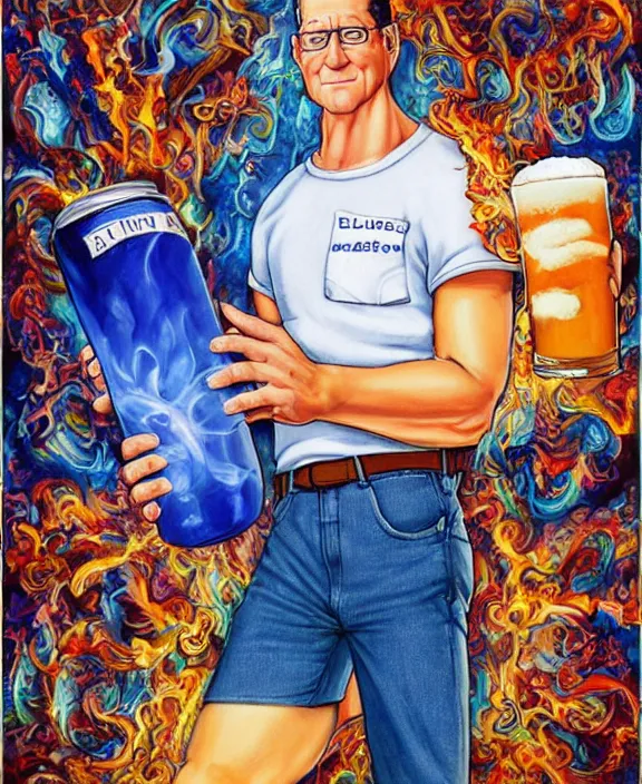 Image similar to hank hill wearing bluejeans and white tshirt, holding a beer, the god of propane, blue flames, propane tanks, magic realism, art by josephine wall, art by mike judge, art by huang guangjian, art by viktoria gavrilenko, art by amanda sage, trending on artstation