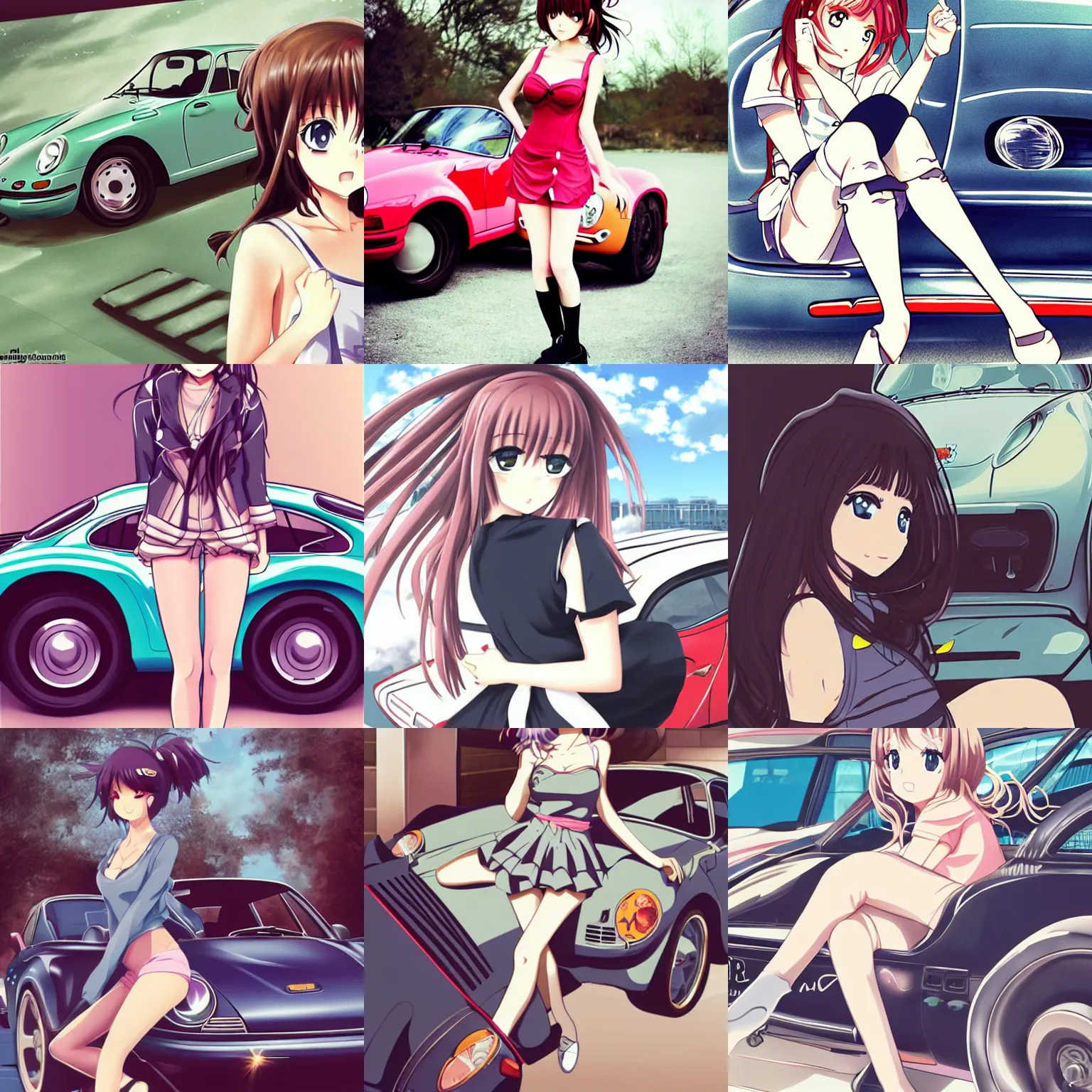 Prompt: cute anime girl with vintage Porsche, anime style