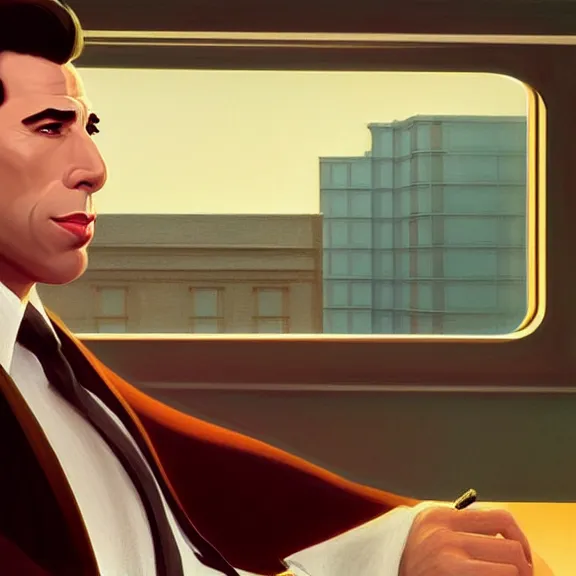 Image similar to beautiful illustration of John Travolta by Edward Hopper, clean lines, very detailed, colorful octane render